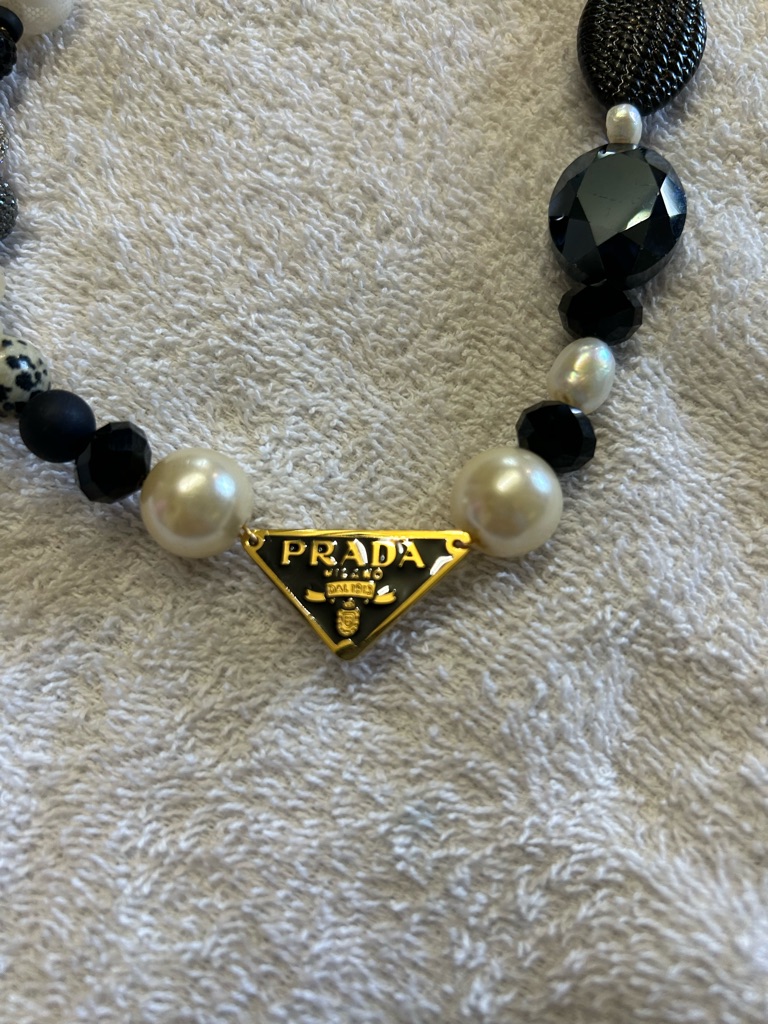 Upcycle Prada Black Pearl Triangle Logo Statement Necklace 75$